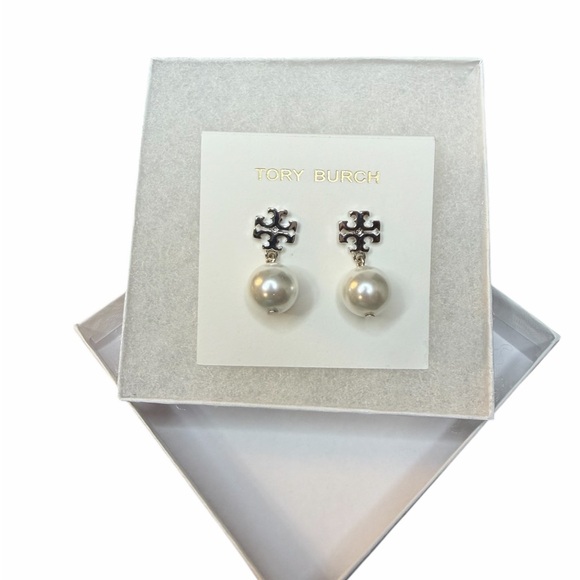 Tory Burch Kira Pearl Drop Post Logo Earrings (A644) - Picture 4 of 4